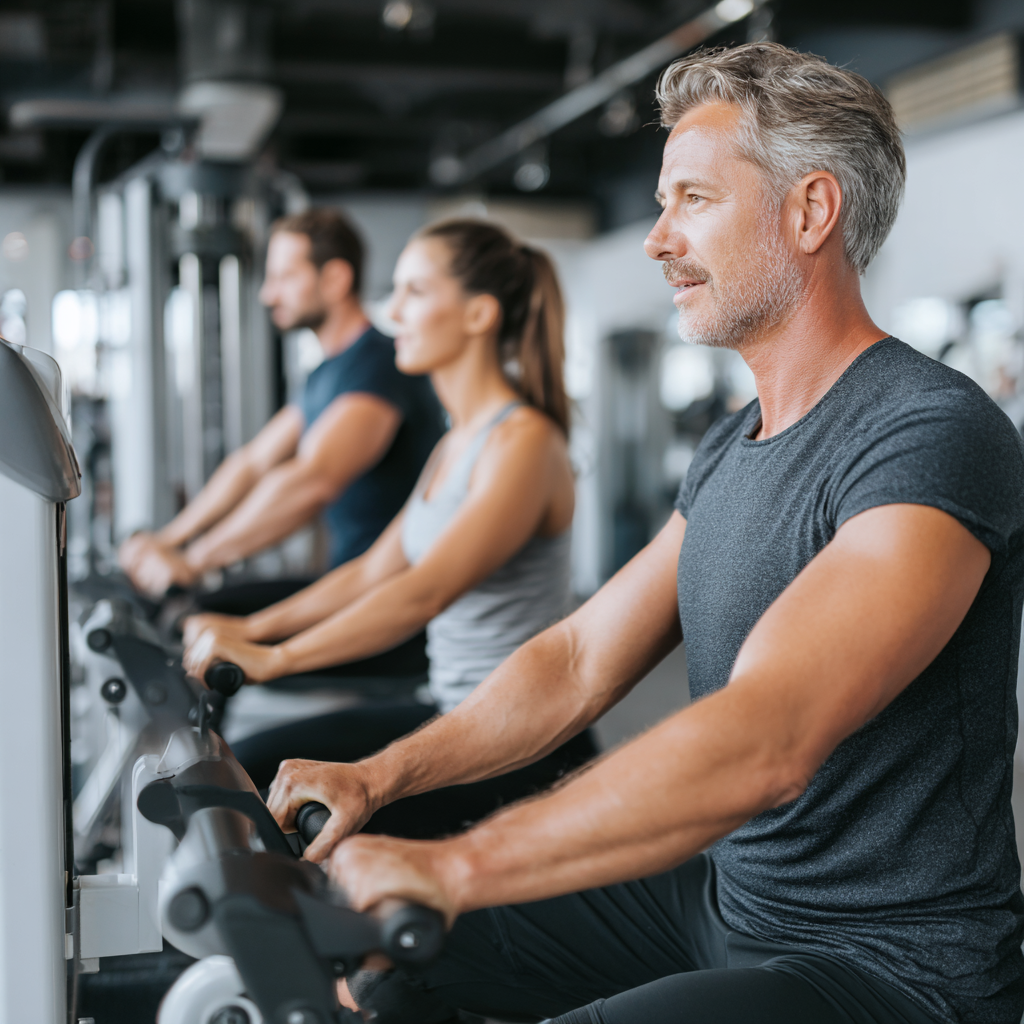mature adults exercising in bright modern fitness studio with professional equipment