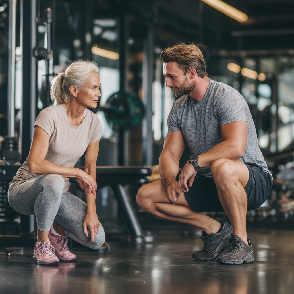 professional fitness trainer working with middle-aged woman in modern gym